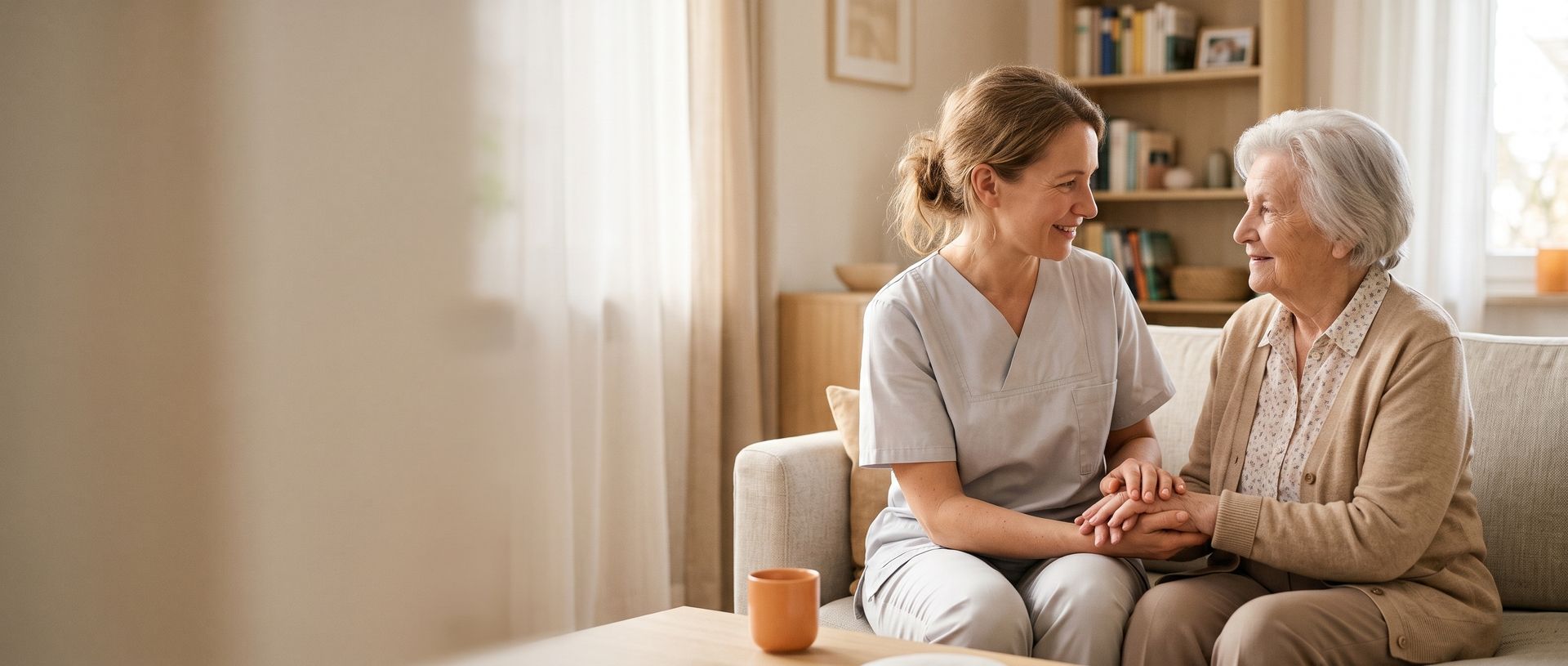 Eine Pflegekraft und eine Seniorin lächeln sich im Wohnzimmer an